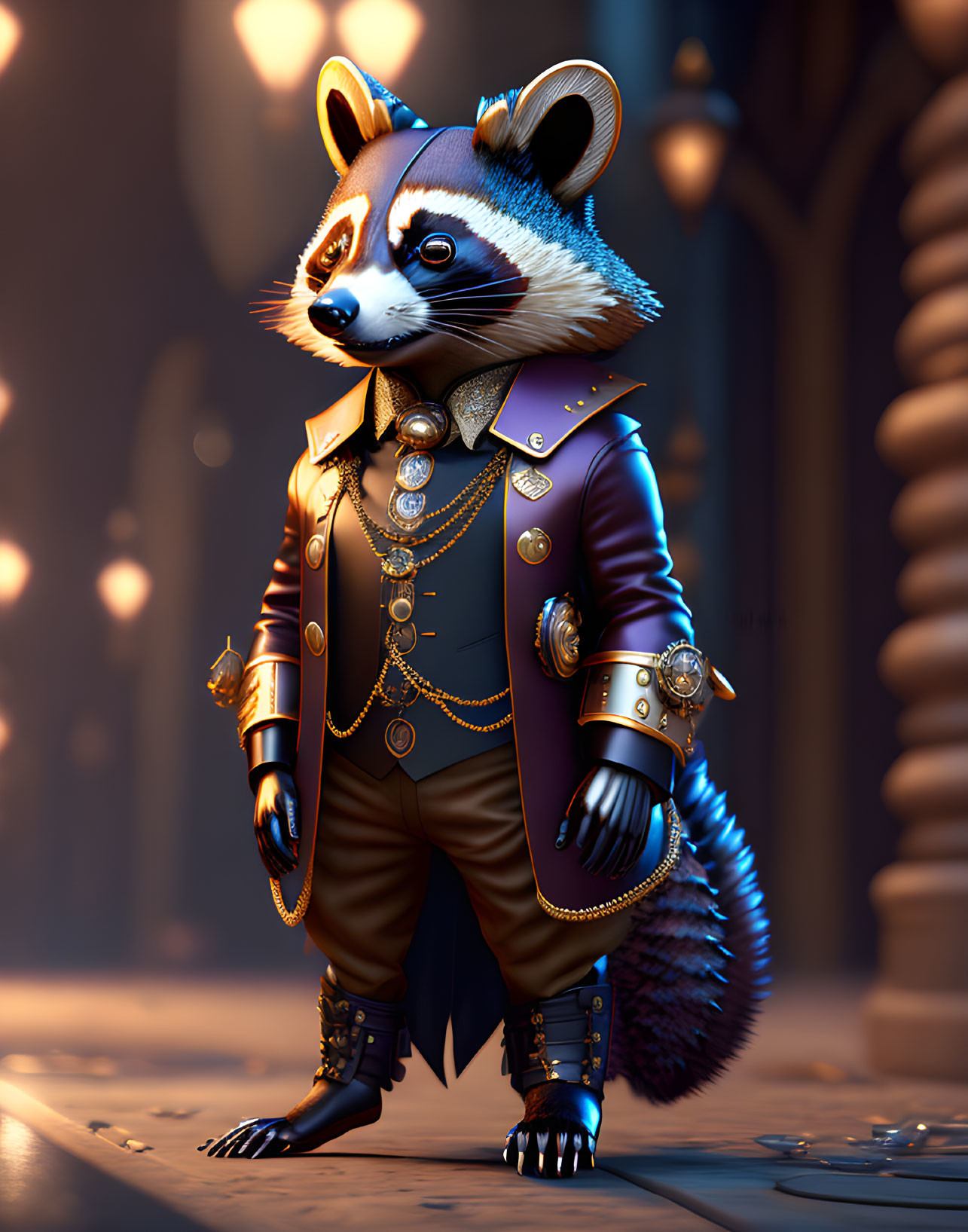 Regal anthropomorphic raccoon in stylish outfit in grand hallway