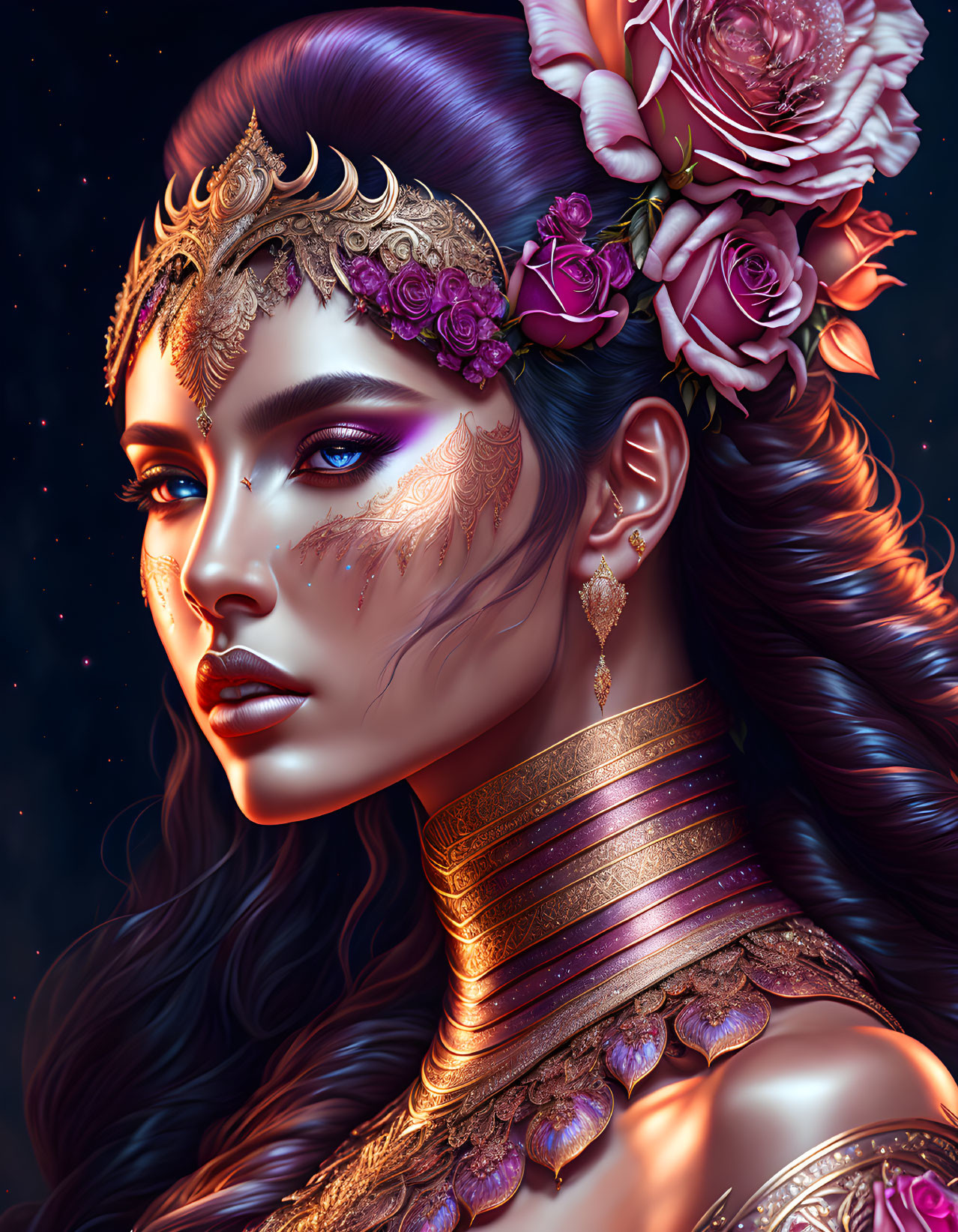 Digital portrait of woman with gold jewelry, floral headdress, and facial markings on starry backdrop