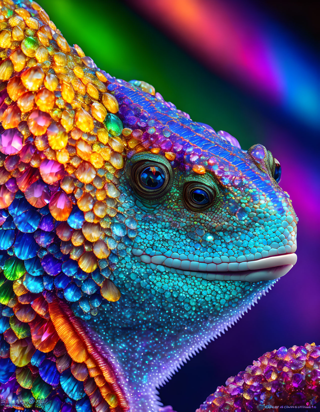 Colorful Chameleon with Iridescent Scales and Detailed Eyes