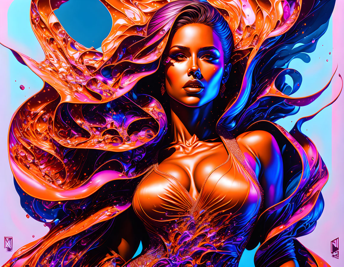 Vivid artwork featuring woman with flowing hair and dynamic liquid swirls