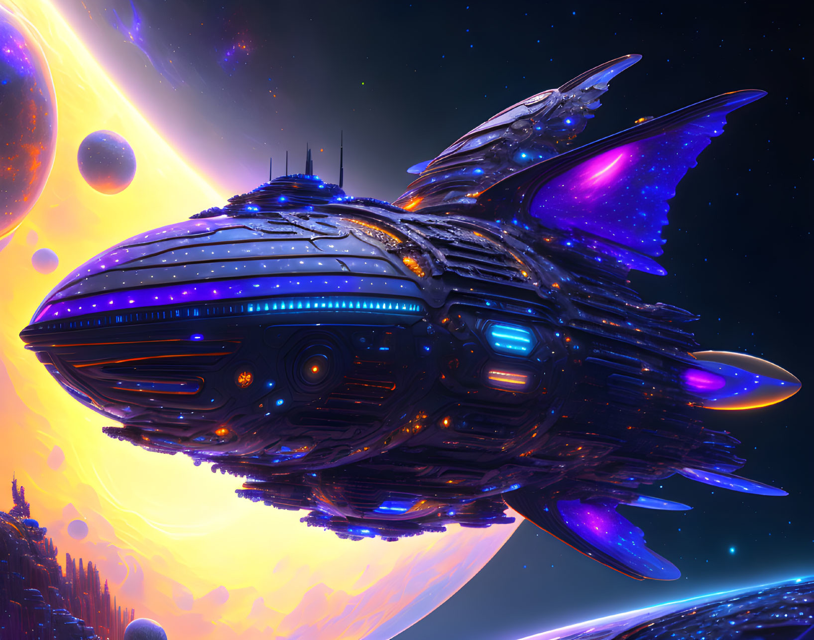 Futuristic spaceship digital artwork with glowing lights and cosmic backdrop