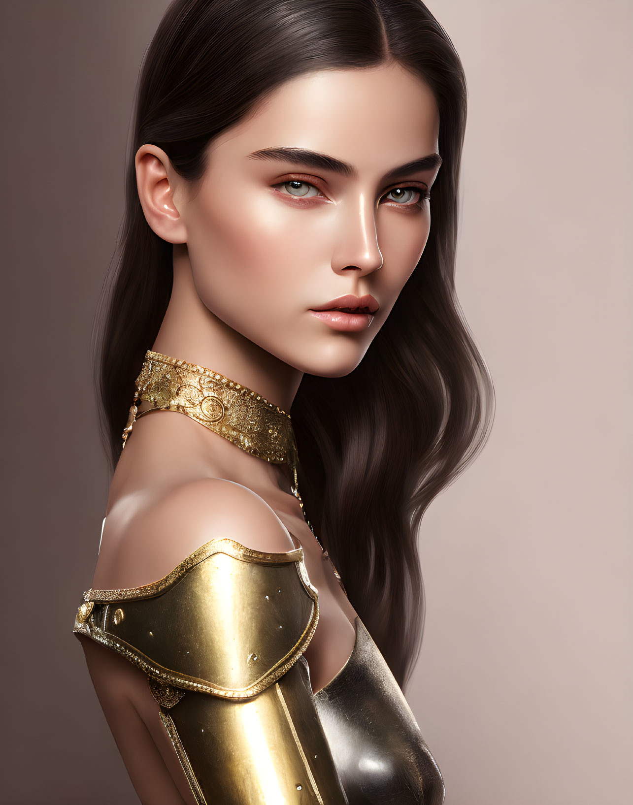 Digital illustration of woman with brown hair and gold armor on shoulder