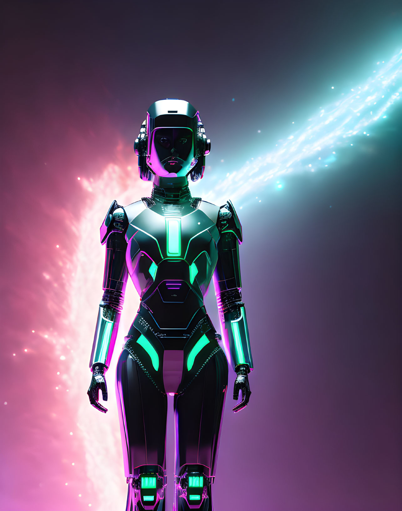 Futuristic humanoid robot on pink and purple background with neon lights