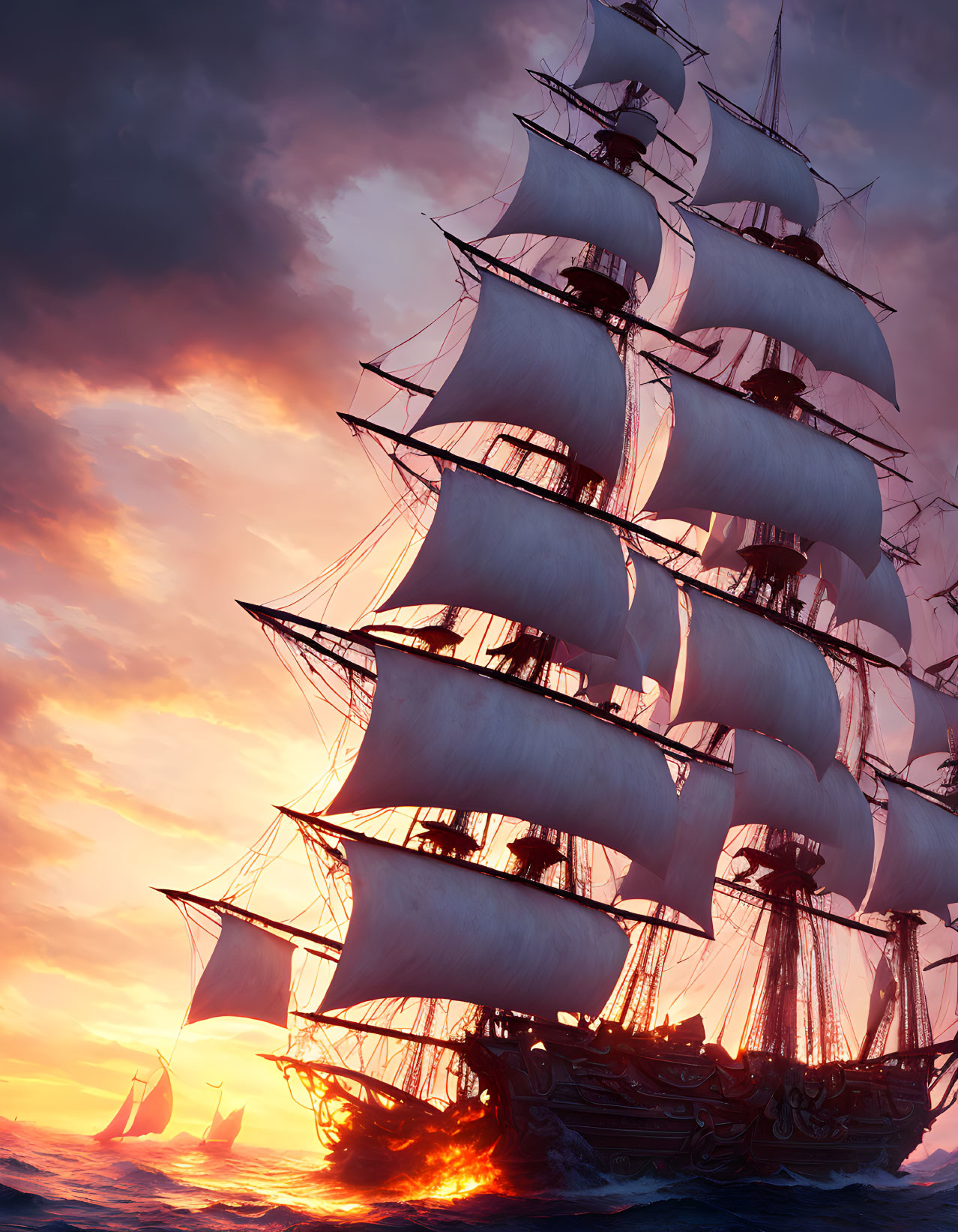 Tall ship sailing at sunset with fully unfurled sails