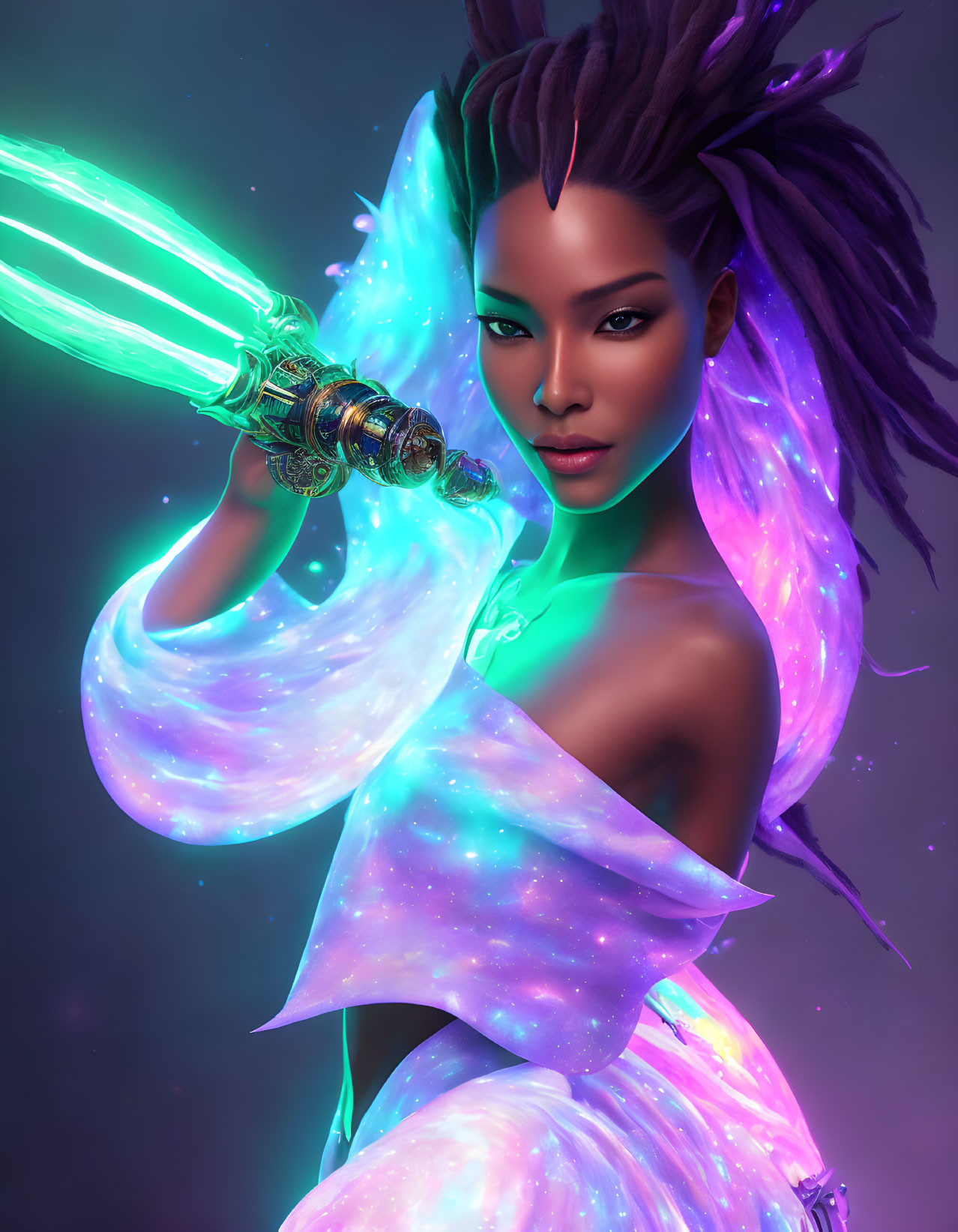 Digital artwork: Woman with green sword, wings, cosmic attire on dark background