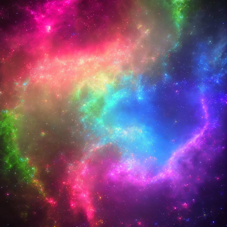 Vibrant Pink, Green, Blue, and Purple Nebula in Cosmic Space