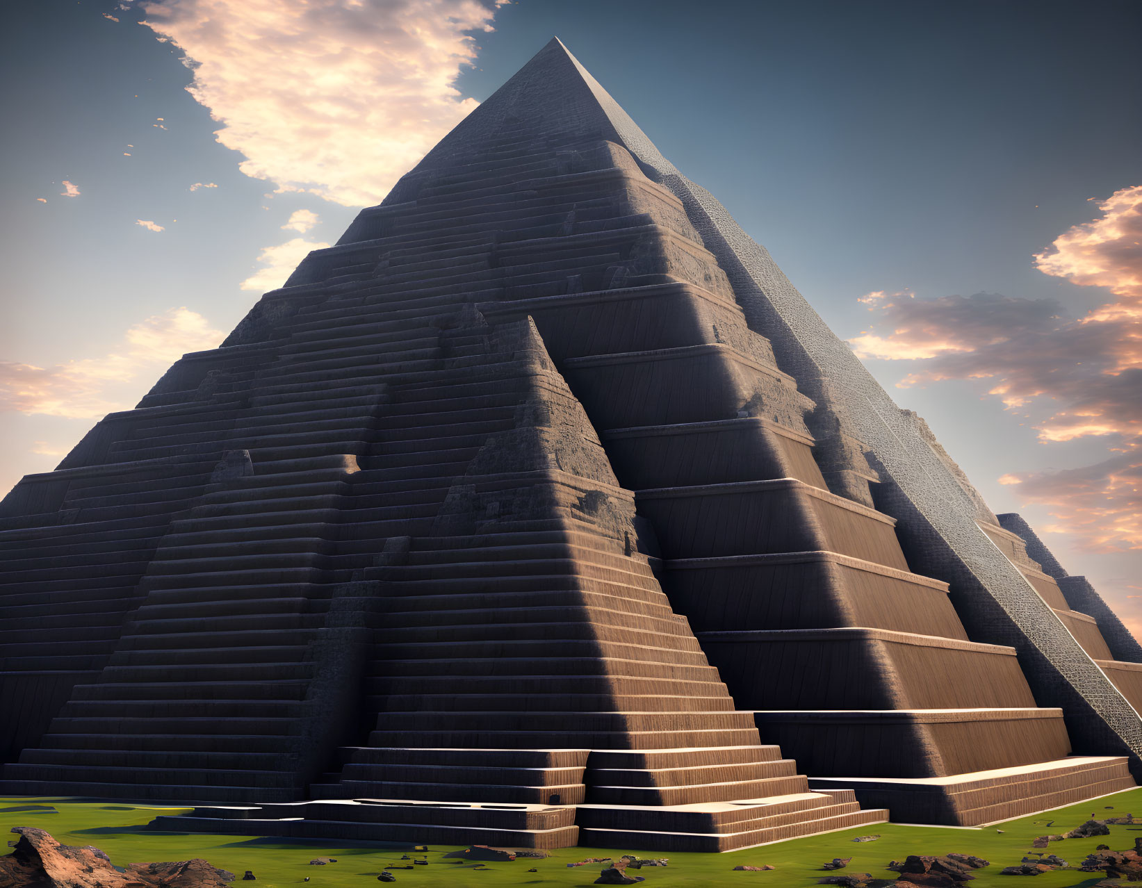 Futuristic pyramid with geometric steps at sunset