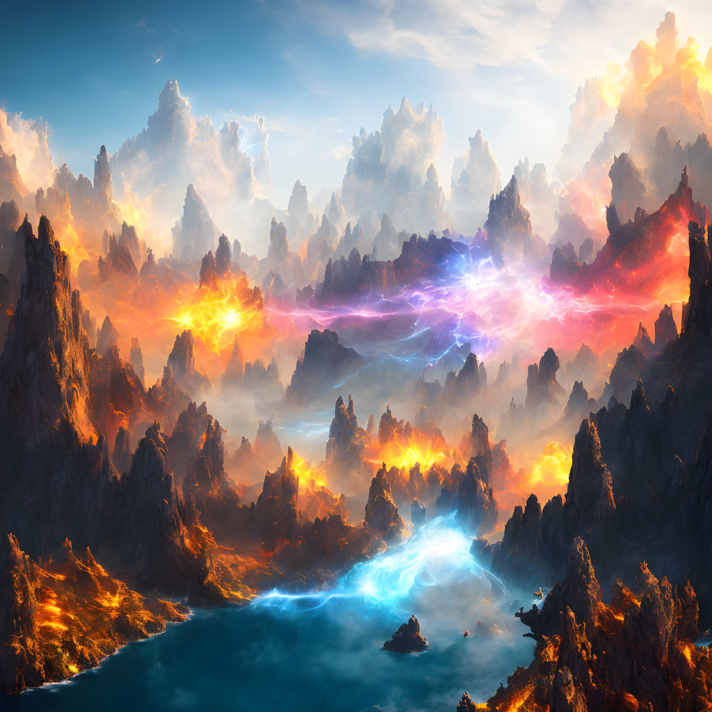 Fantastical Landscape with Fiery Skies and Vibrant Rivers