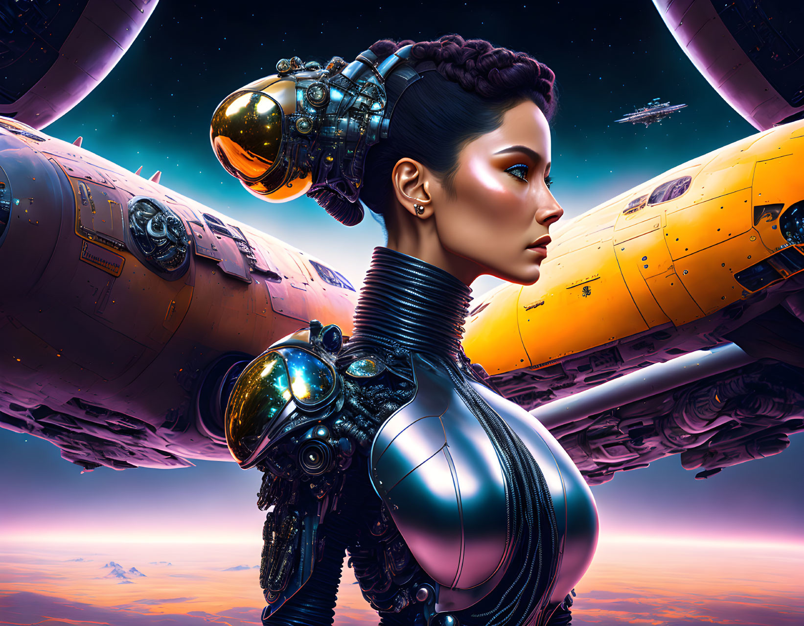 Cybernetic woman gazes at spaceships in vibrant alien sky