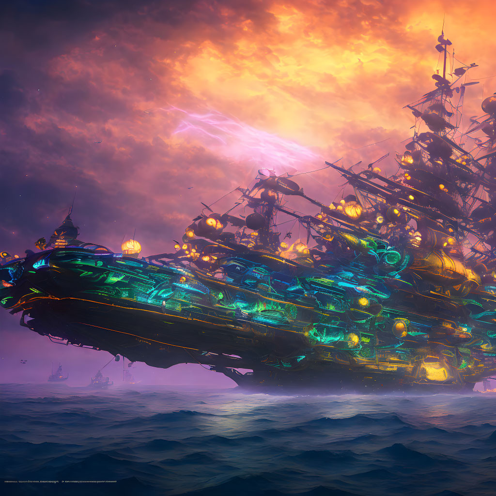 Ornate fantasy ship on tumultuous sea with fiery sky