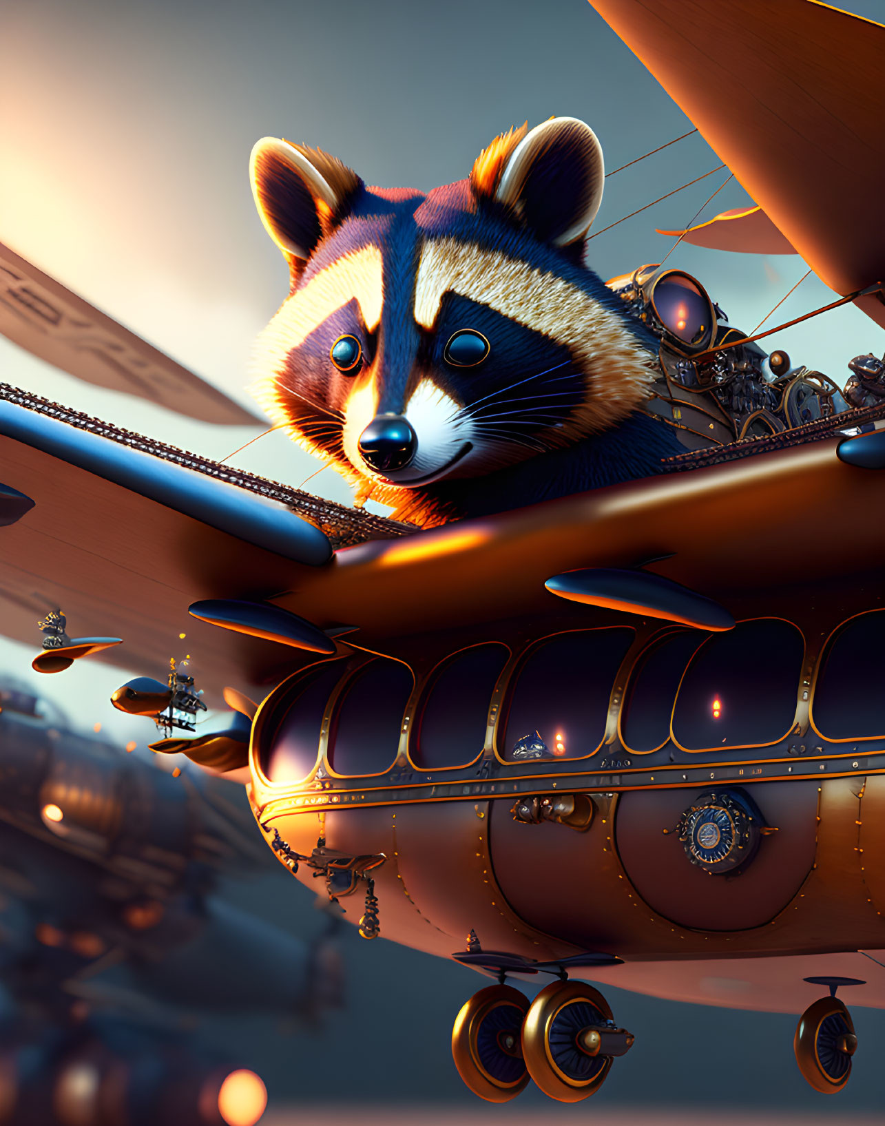 Red panda pilot on steampunk airship with intricate design in evening sky.