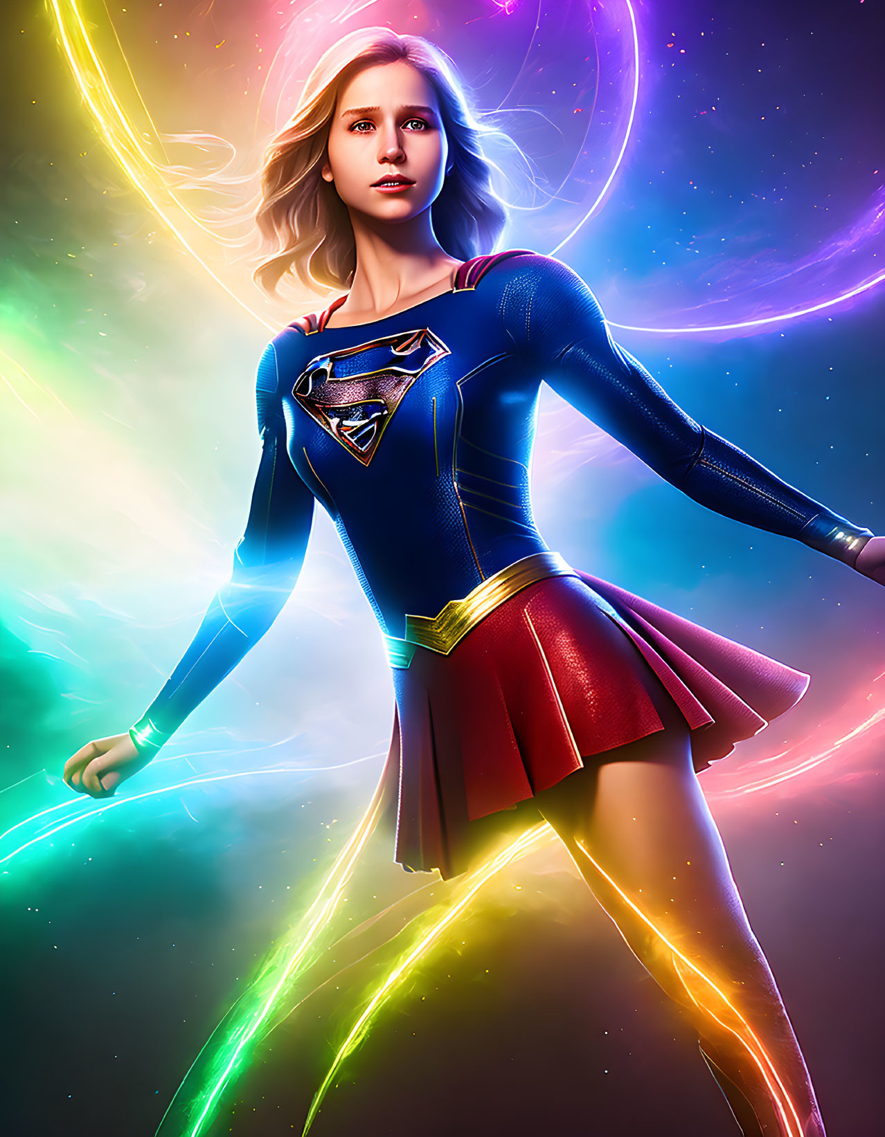 Colorful Female Superhero in Blue and Red Costume with Cape and Energy Trails