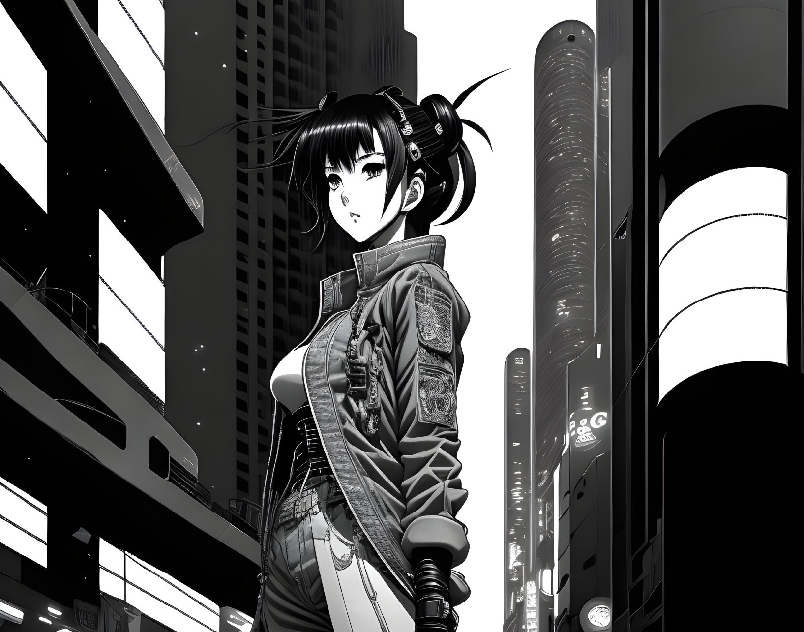 Monochrome illustration of young woman in urban setting