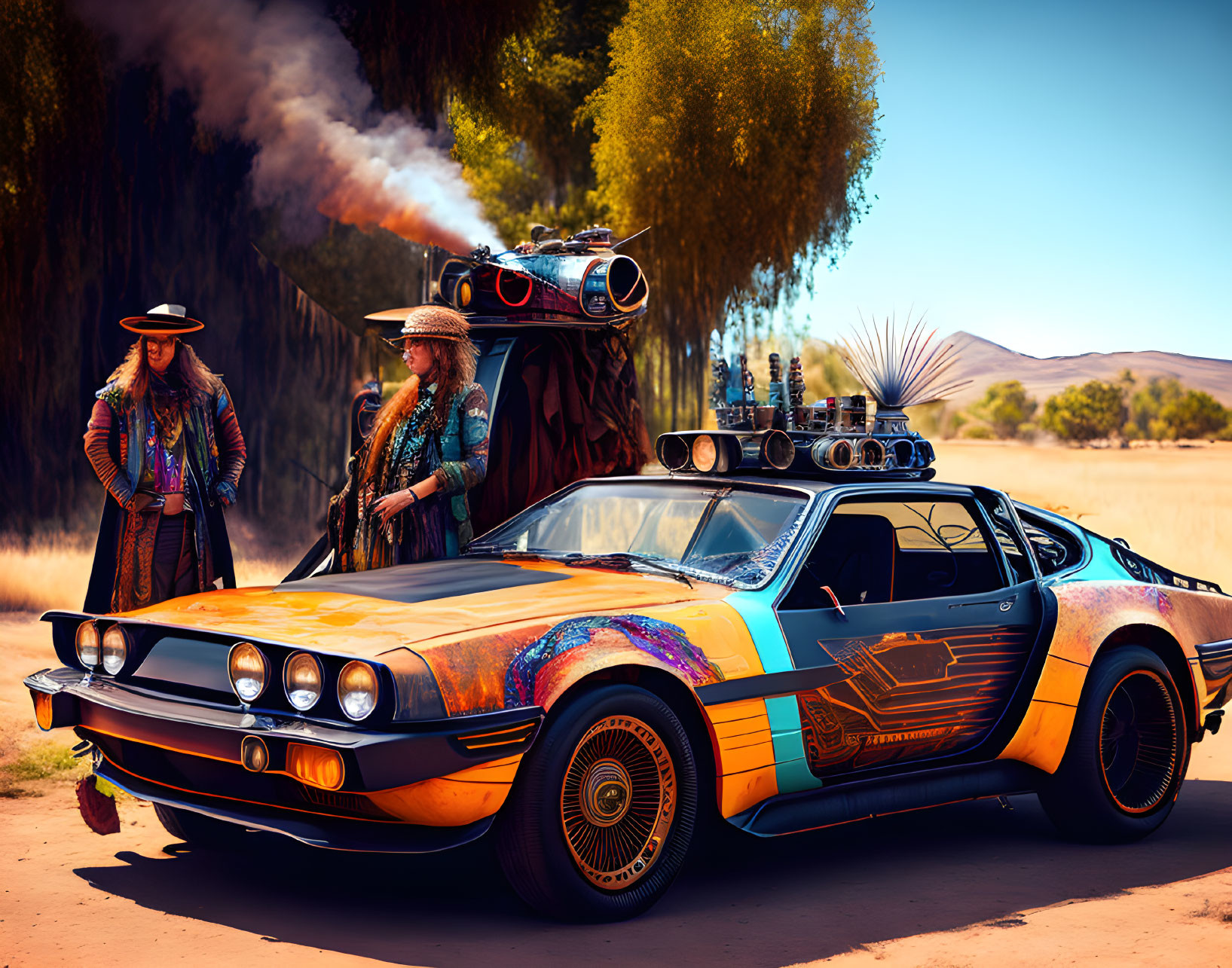 Futuristic car with vibrant colors and extra headlights in desert landscape with two individuals in steampunk