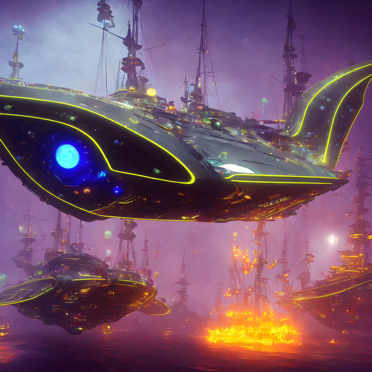 Futuristic fish-like spaceships over neon-lit cityscape at night