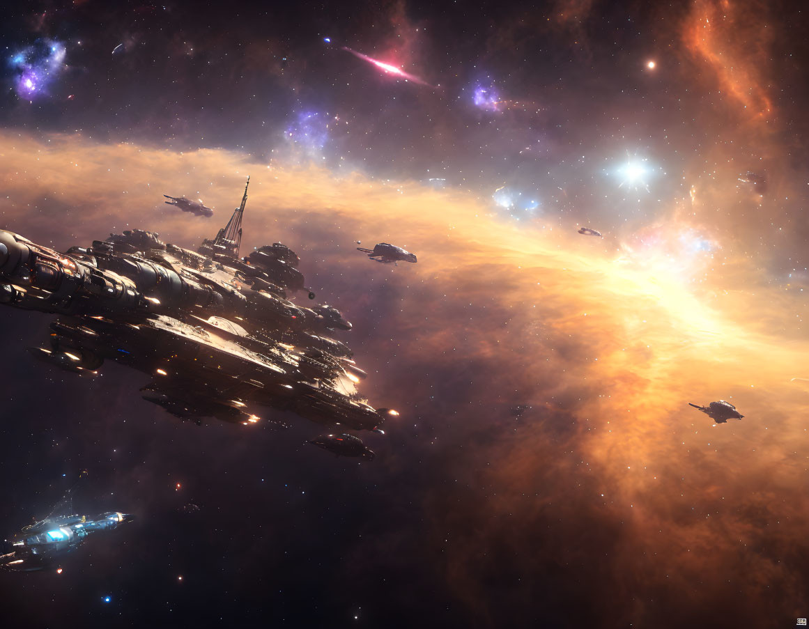 Futuristic spaceships in vivid cosmos with stars & nebulae