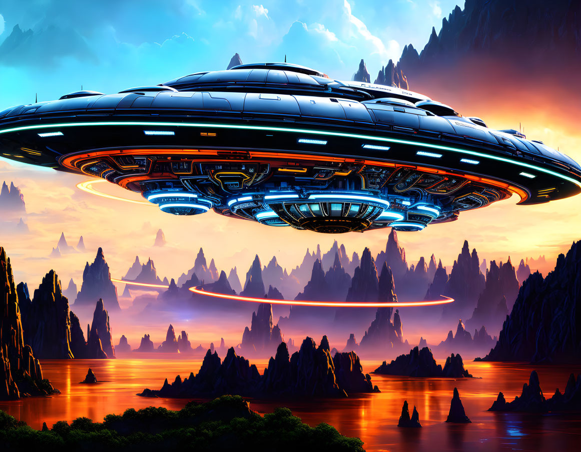 Futuristic spaceship over rocky alien landscape with orange skies