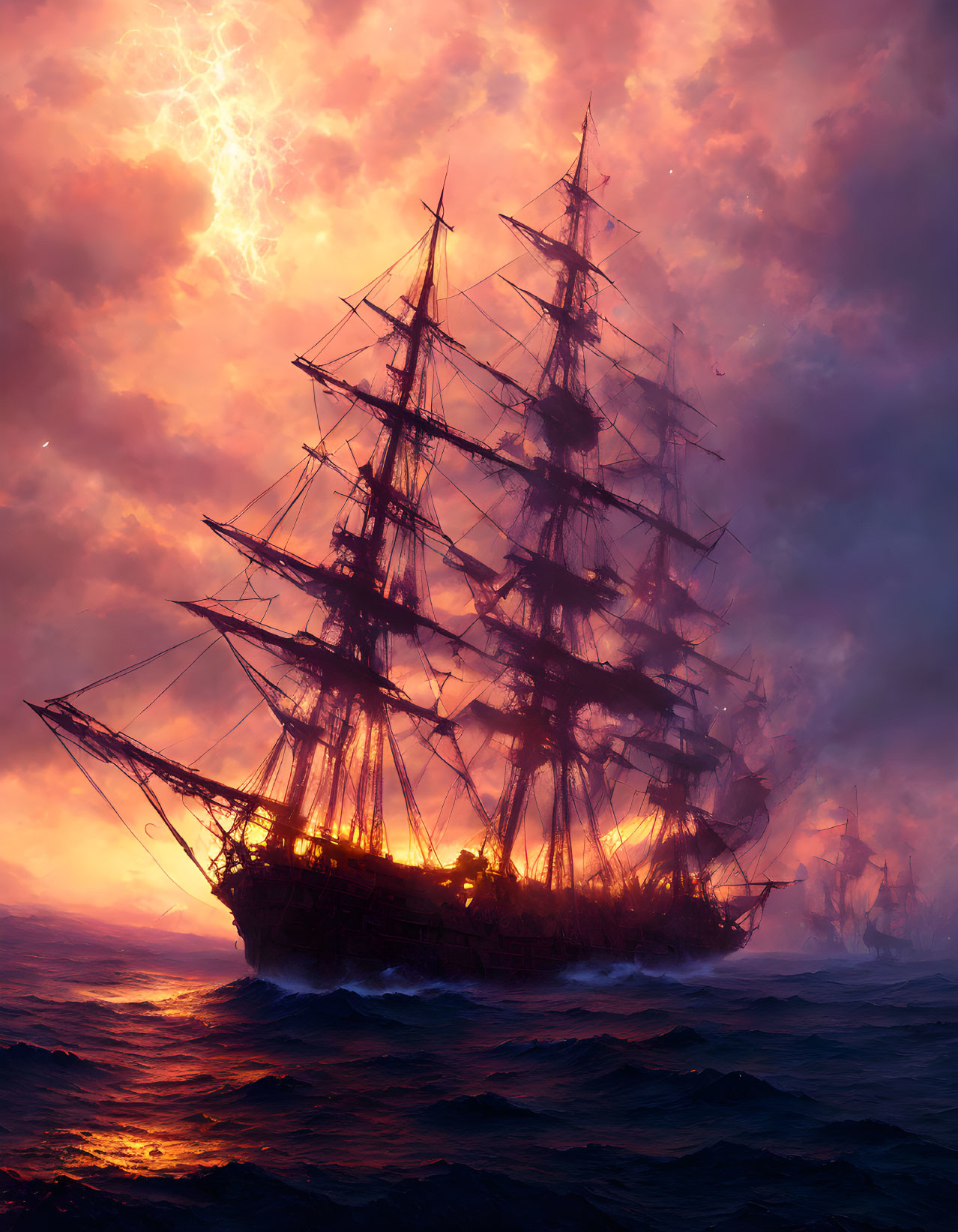 Sailing ship in stormy seas under dramatic sky