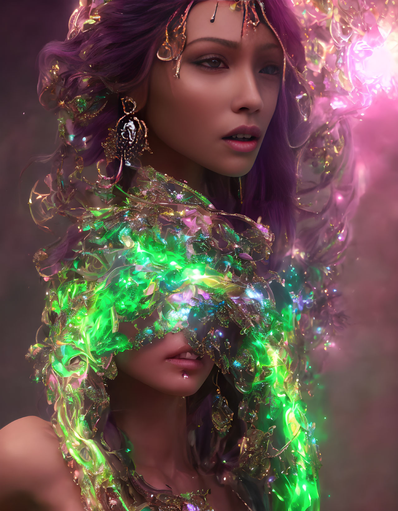 Purple-haired woman with green glowing adornments in ethereal aura