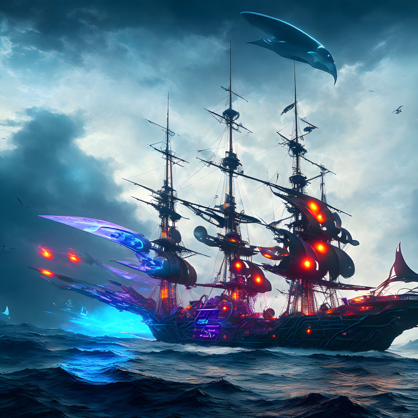 Futuristic pirate ship in stormy seas with glowing lights