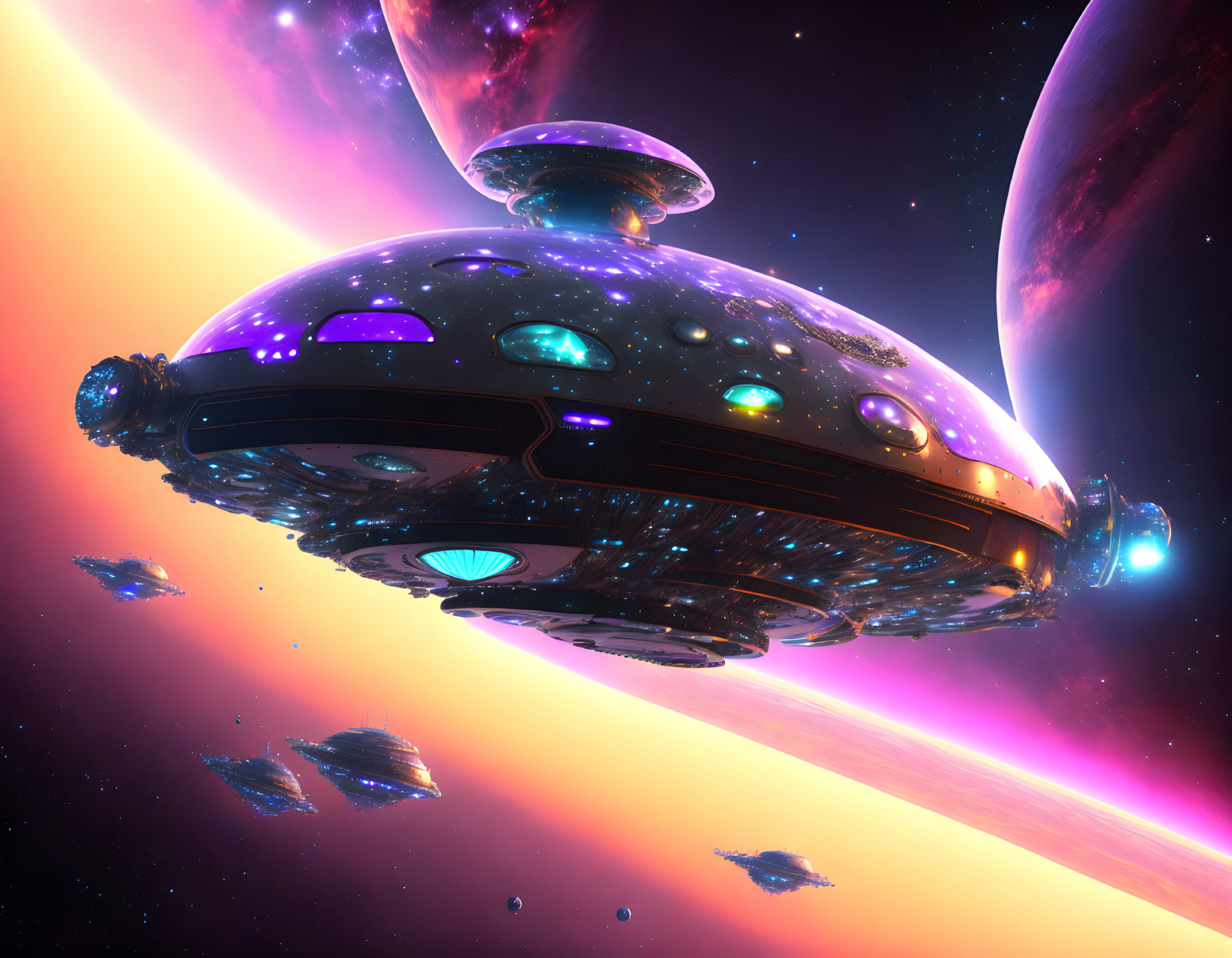 Futuristic spaceship with glowing lights in space with vibrant nebulae and planets.