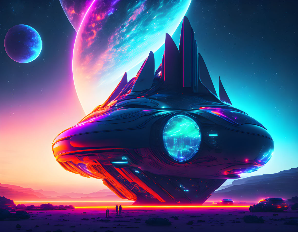 Futuristic spaceship on alien planet with two moons and neon-lit dusk