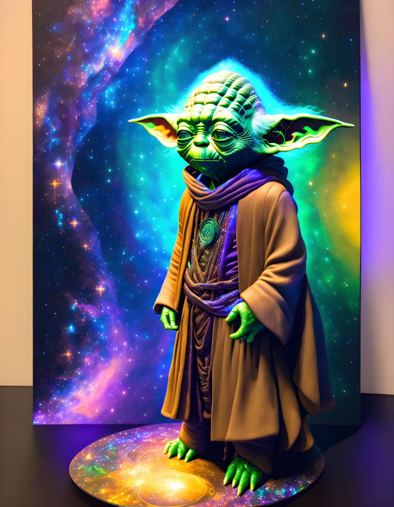 Life-sized Yoda statue in cosmic backdrop with vibrant lighting.