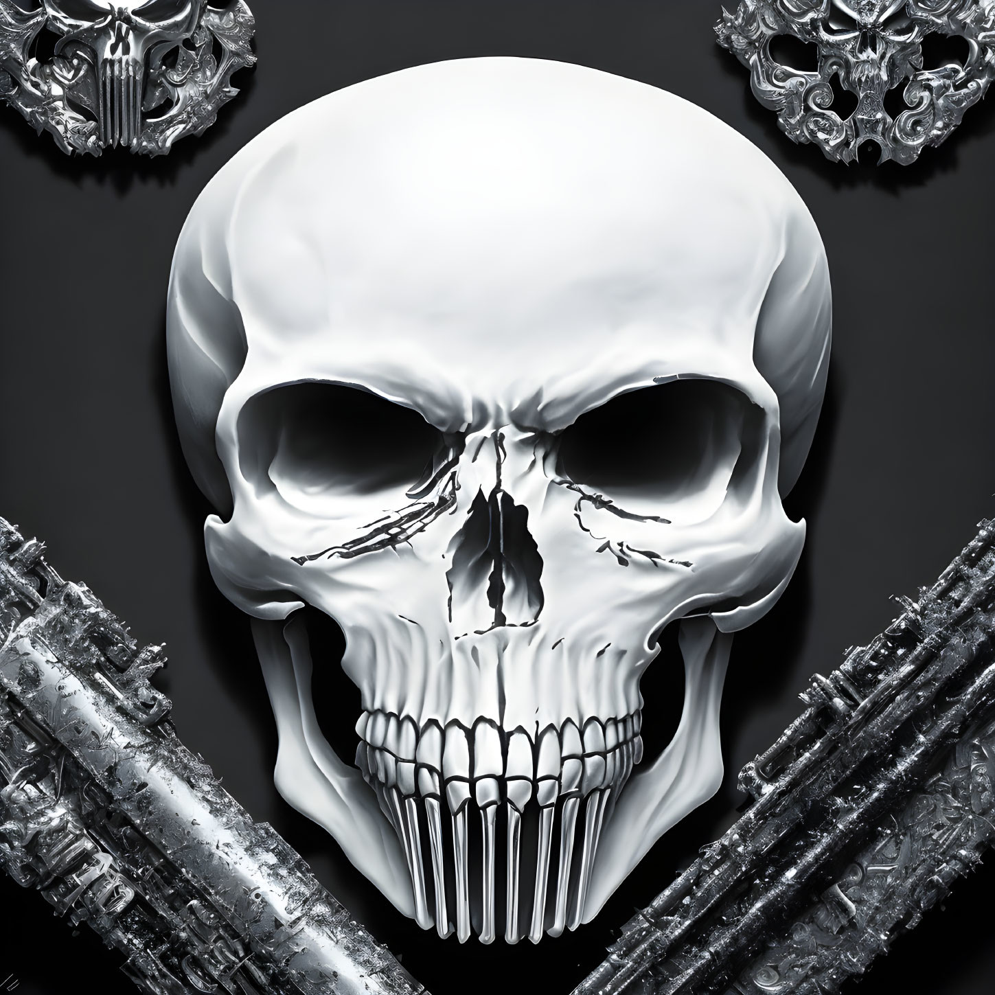 Detailed White Skull Illustration with Silver Decorations on Black Background