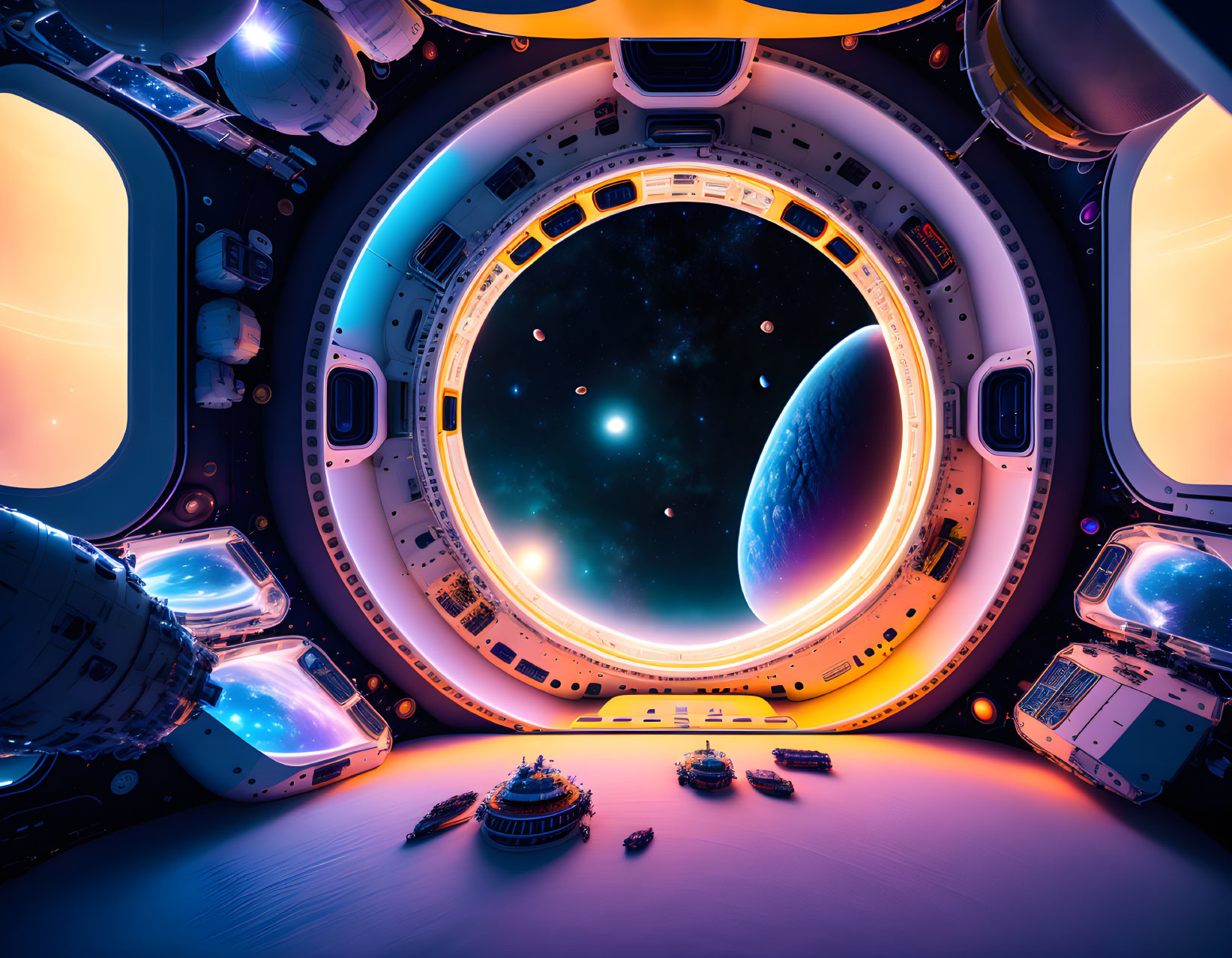 Futuristic spacecraft interior with circular window view.