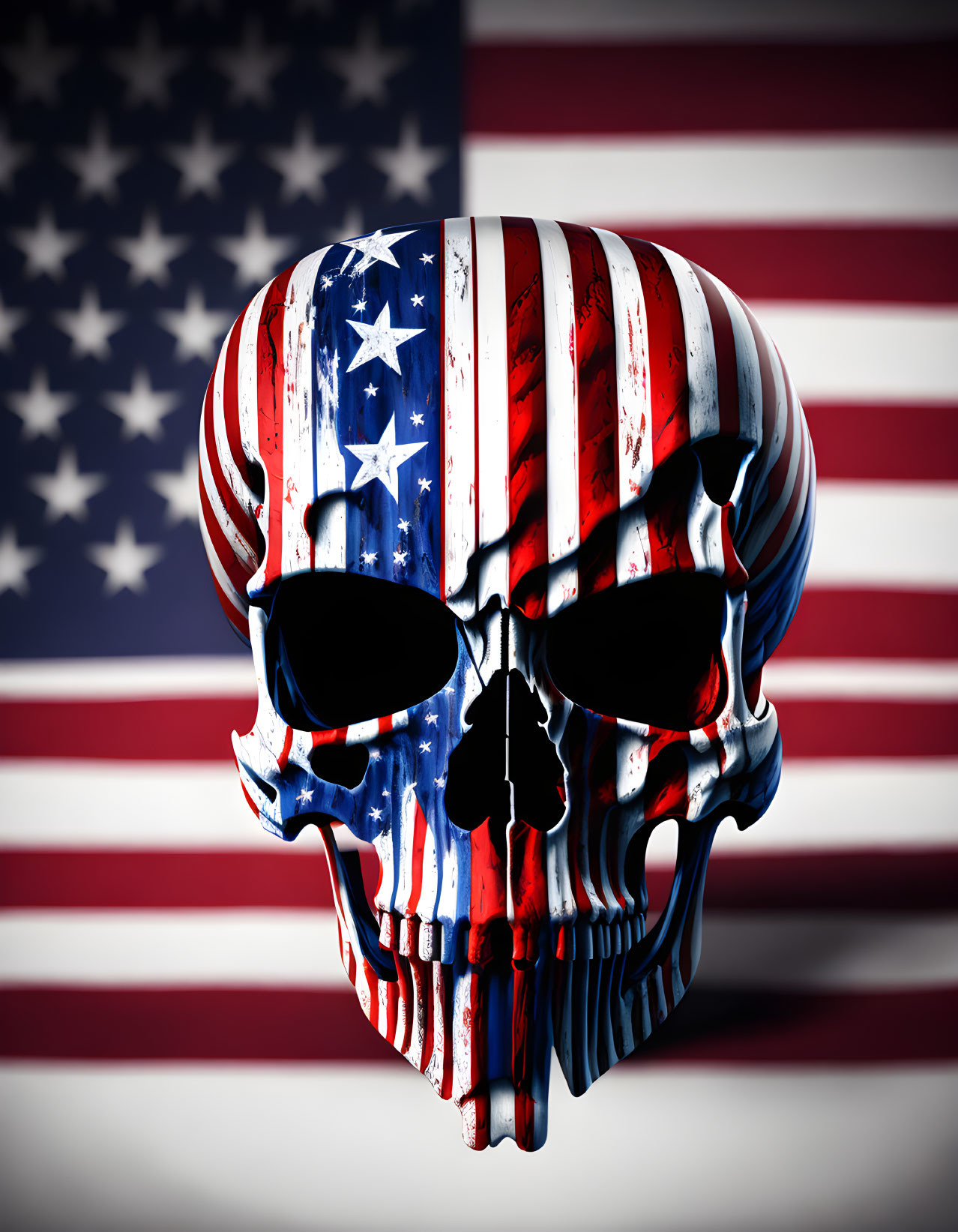 Stylized skull with American flag motif on US flag backdrop