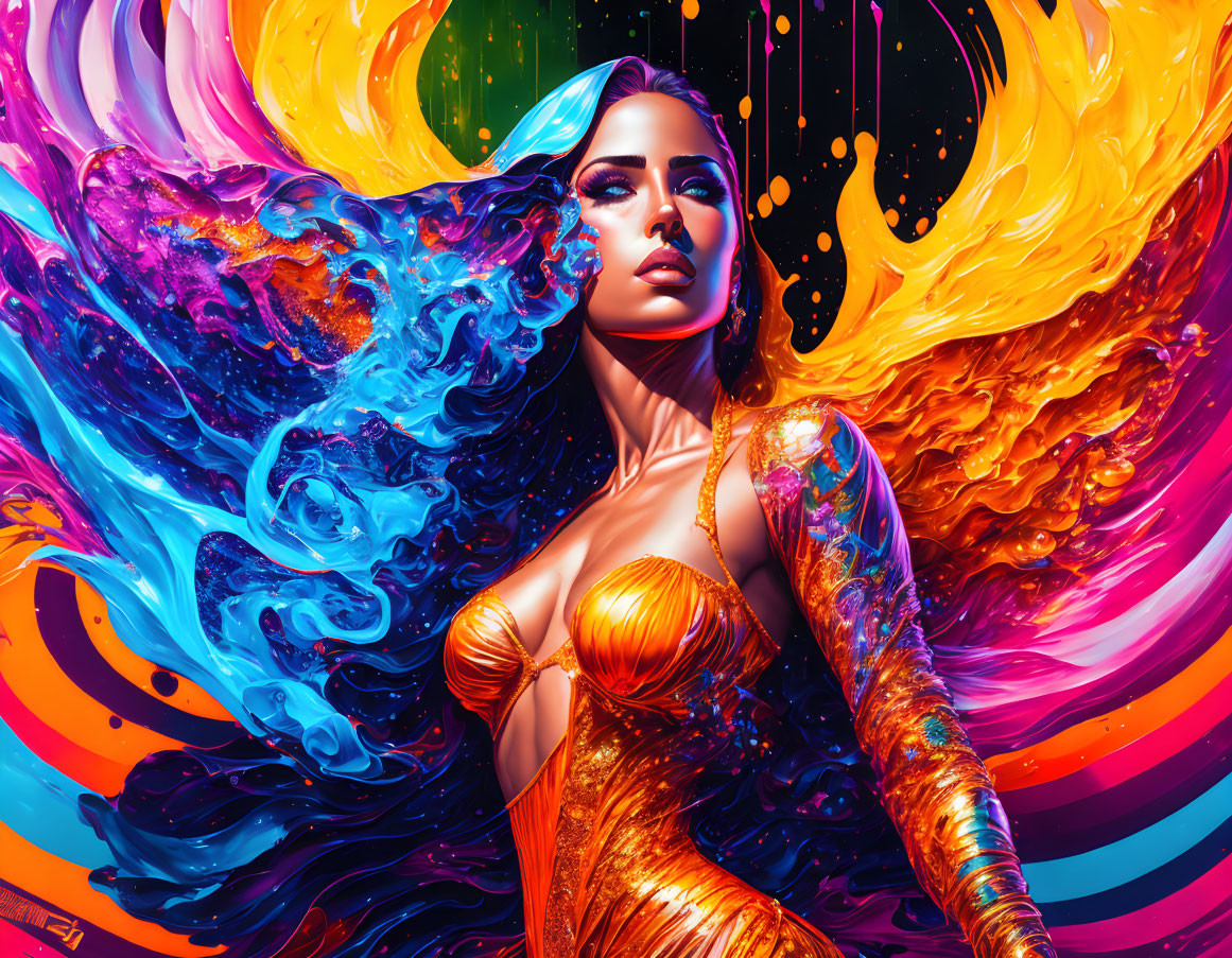 Colorful digital artwork: Woman in golden attire amid swirling patterns