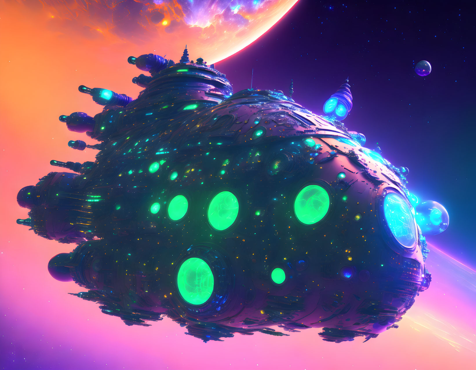 Intricate spaceship in vibrant sci-fi scene with cosmic backdrop