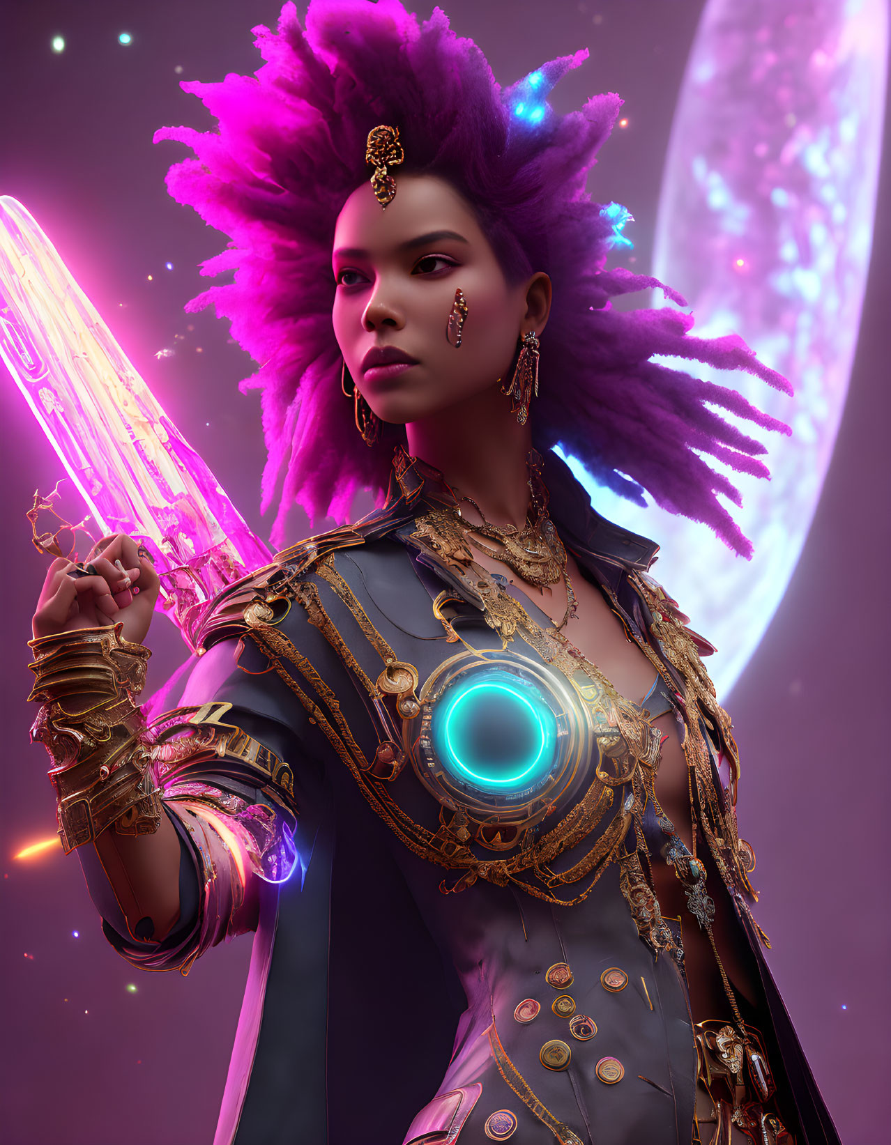 Elaborate purple headdress and luminous sword on fierce figure