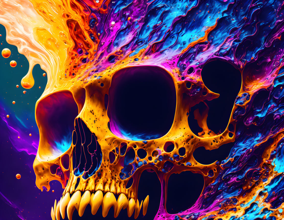 Colorful Psychedelic Skull Illustration with Purple, Blue, Orange, and Yellow Melting Colors