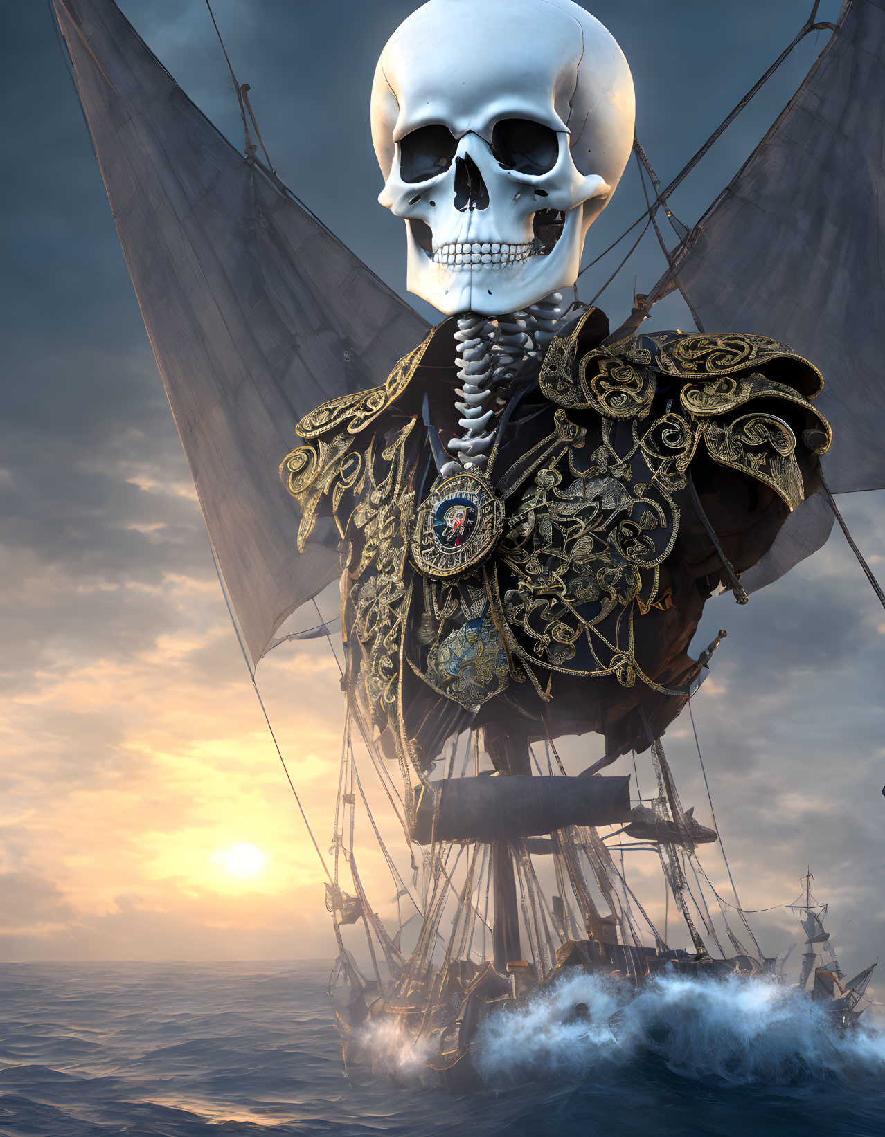 Skeleton pirate on ship at sunset with other ships in background