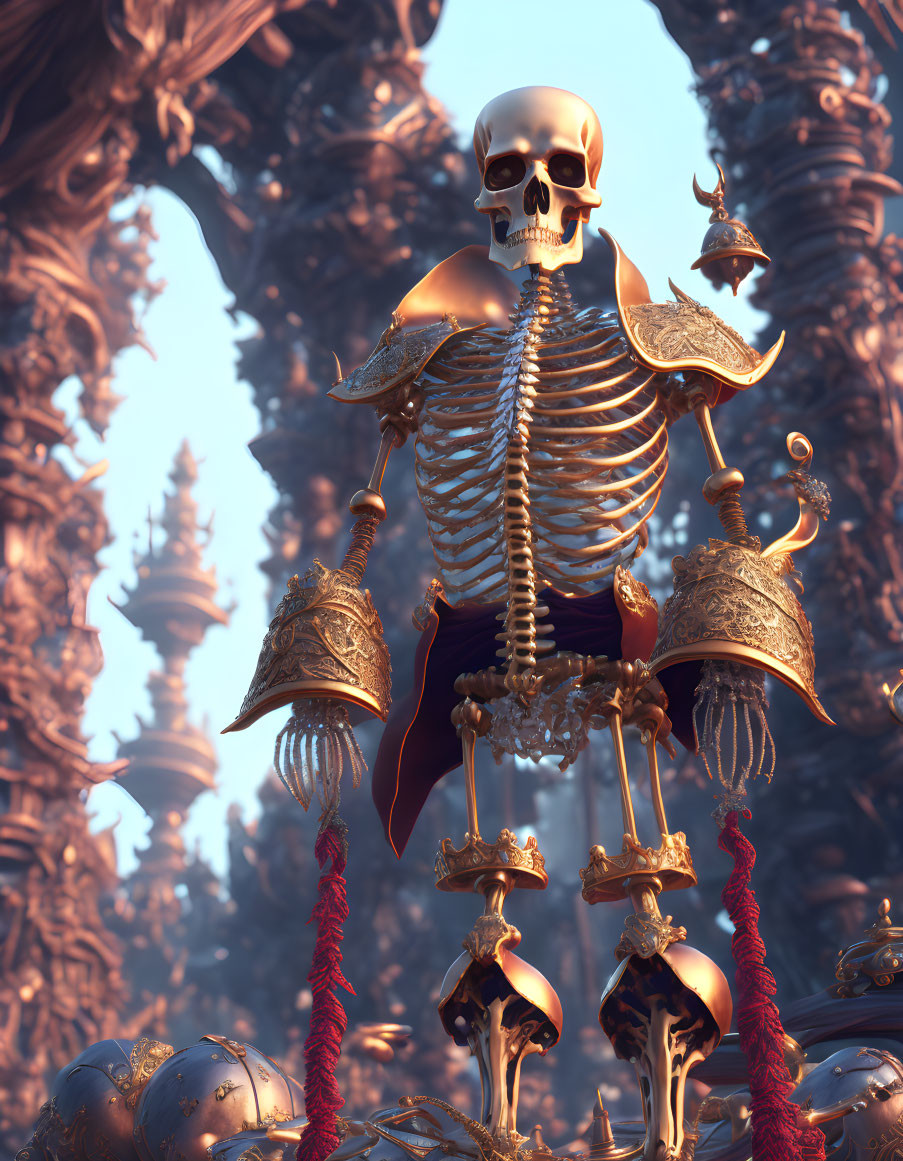 Skeleton in ornate gold armor amid surreal towers under blue sky