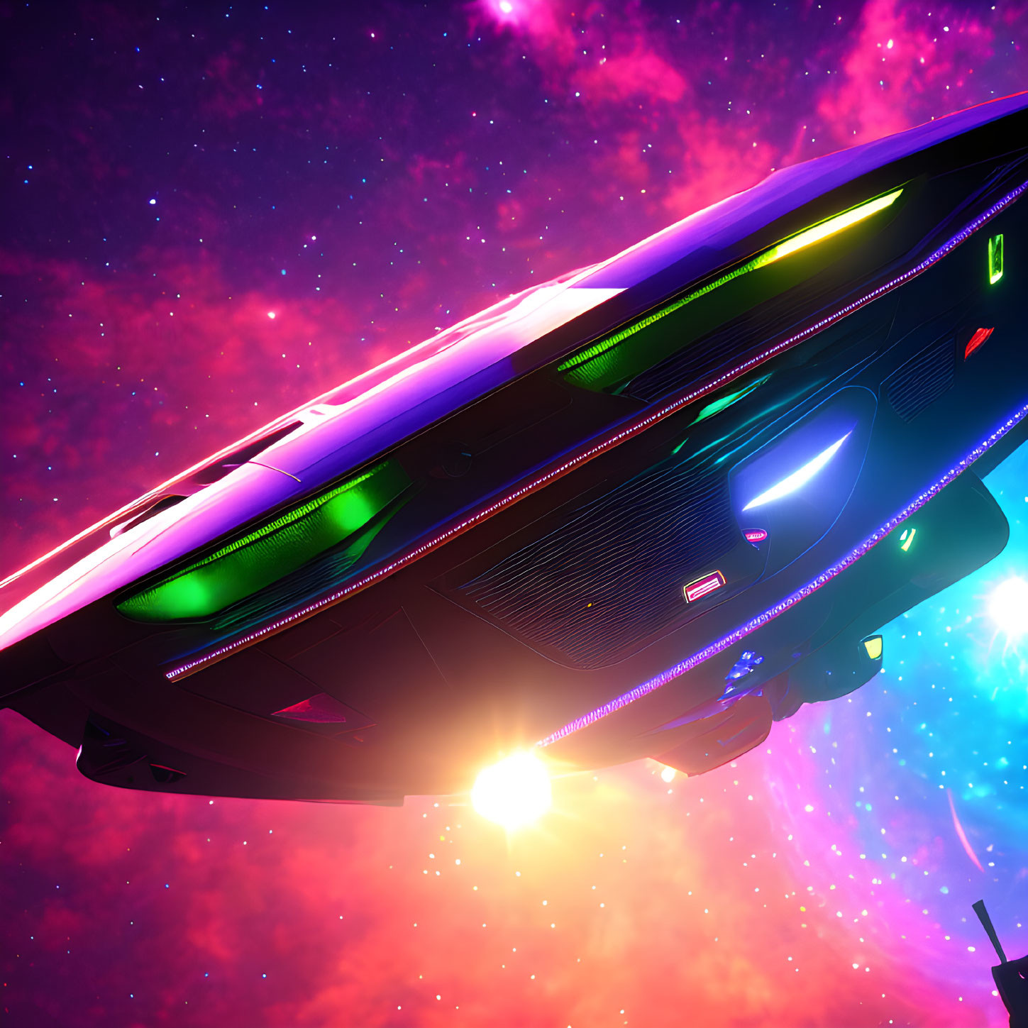 Futuristic spaceship in vibrant cosmic nebula