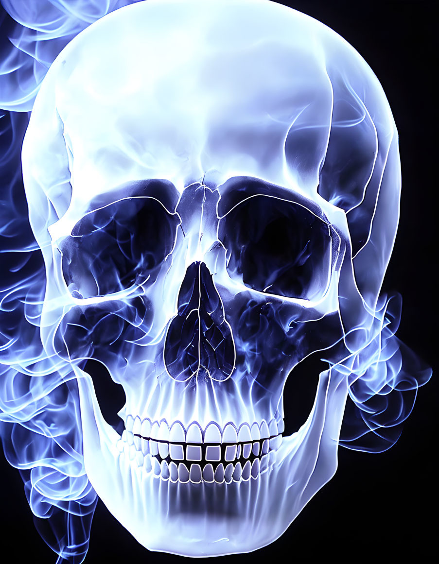 Blue-hued human skull in spectral smoke aura