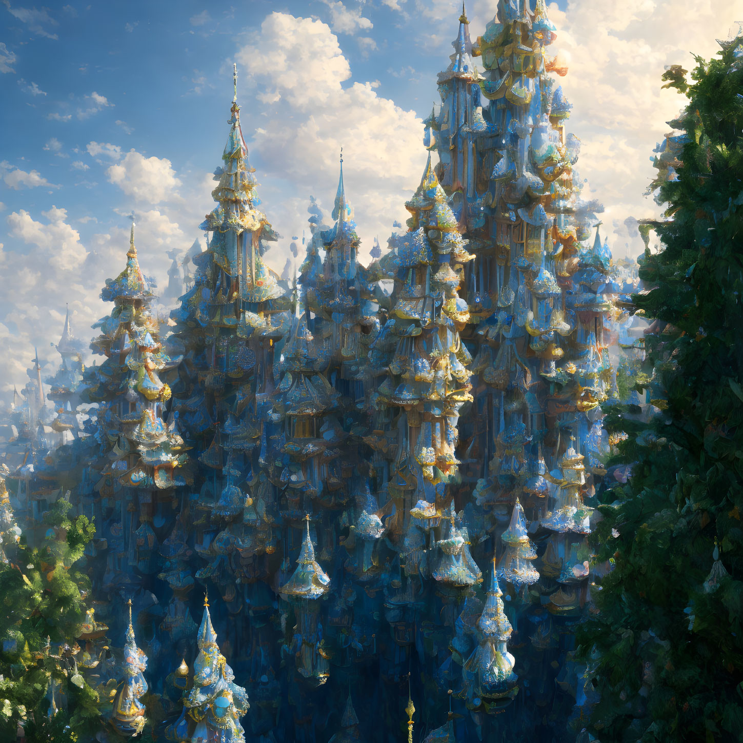 Ethereal city with ornate spires amid lush greenery