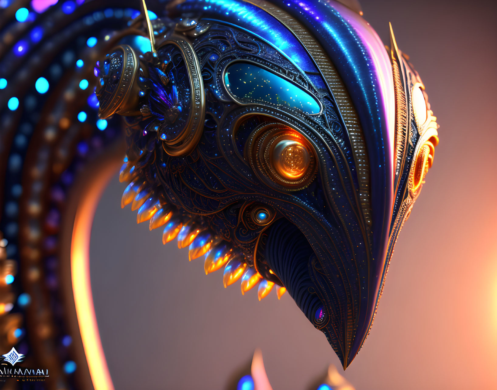 Detailed 3D Rendering of Blue and Gold Ornate Dragon Head