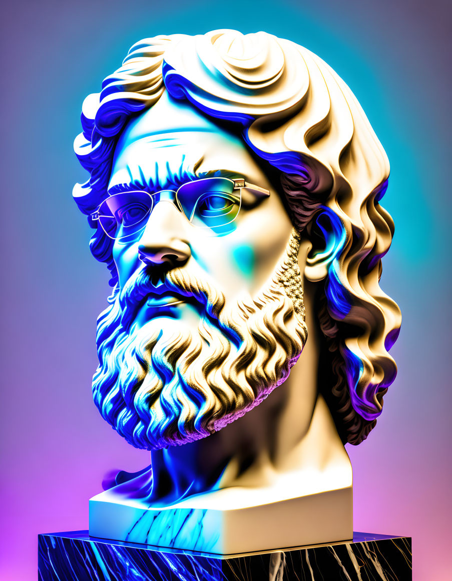 Vibrant digital art: classical sculpture of bearded male with neon lighting