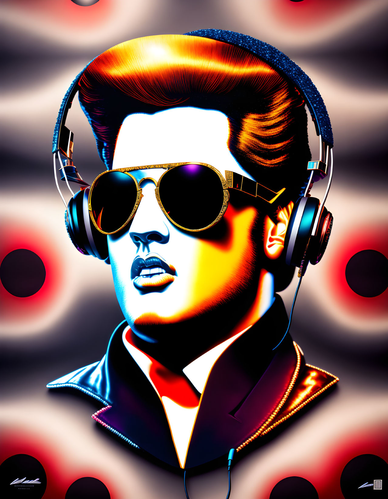 Man with Pompadour Hairstyle and Sunglasses in Vibrant Red Setting