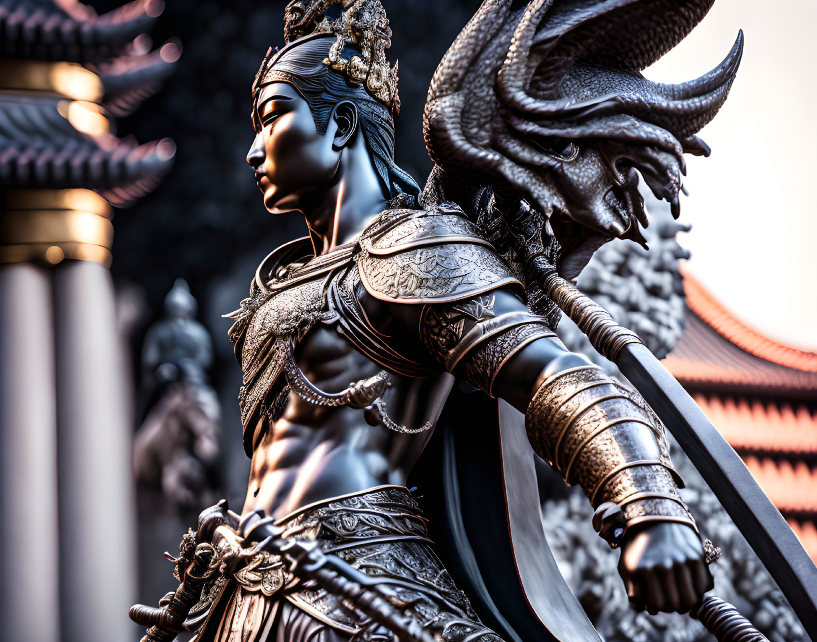 Detailed Warrior Statue with Armor and Sword Against Traditional Architecture