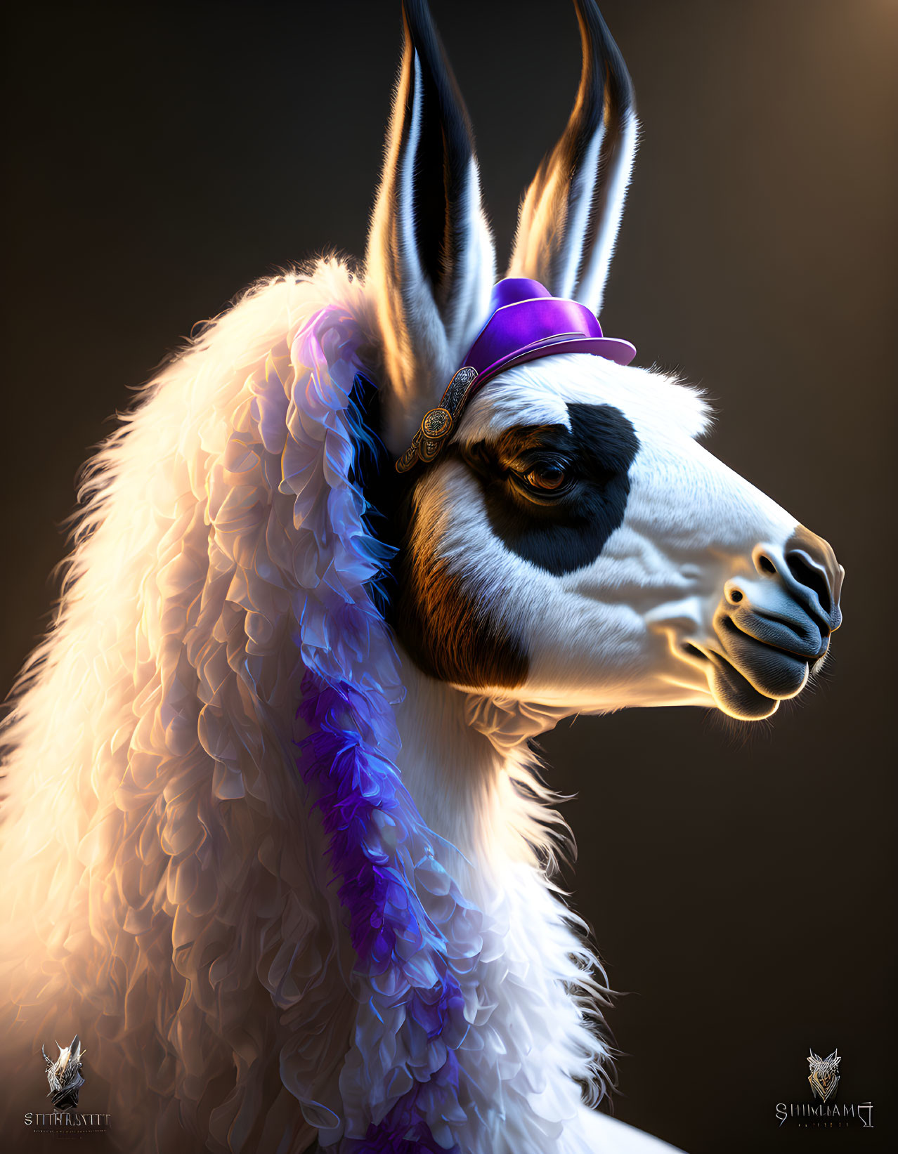 Stylized anthropomorphic llama with purple hat and textured coat