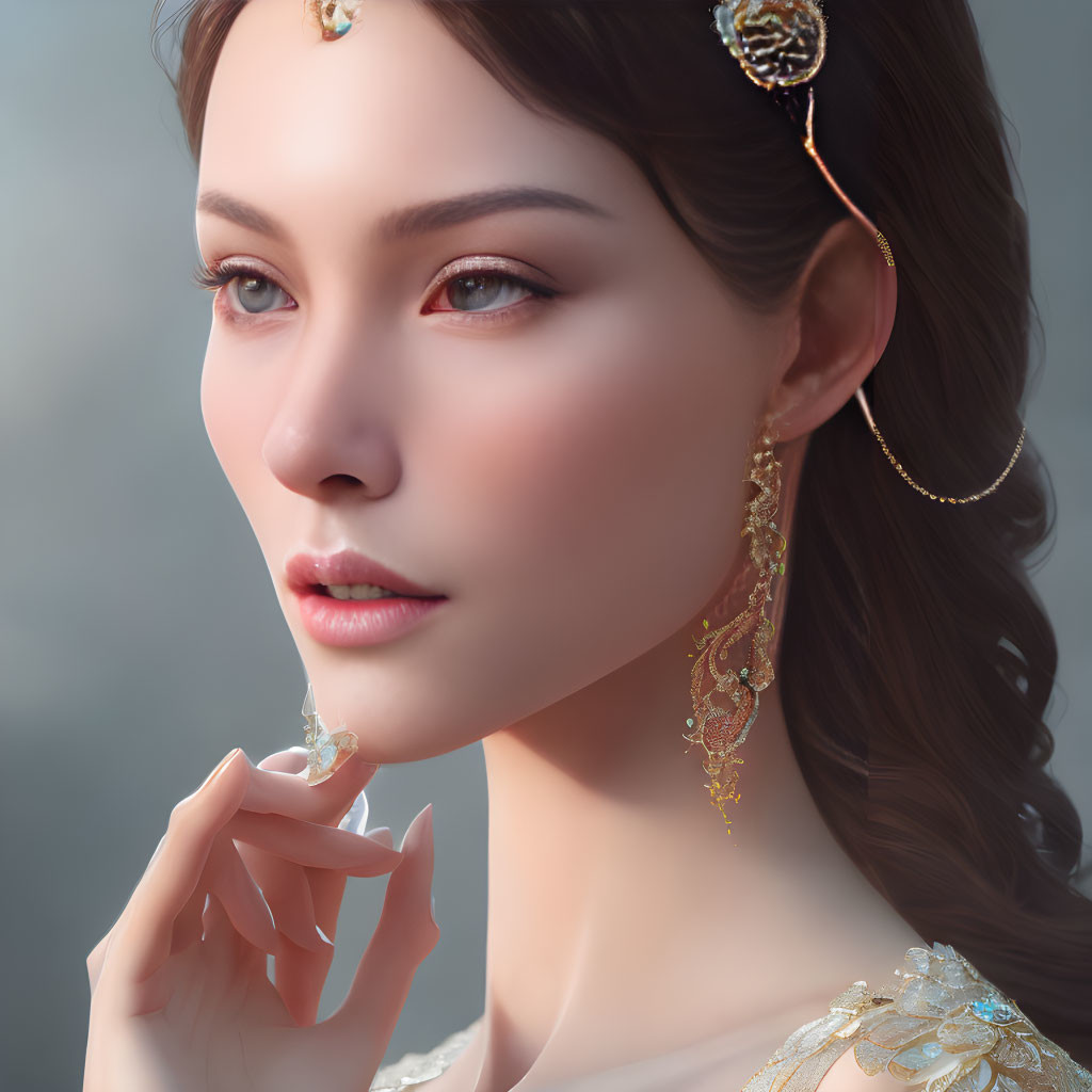 Portrait of woman with intricate gold jewelry and elegant attire