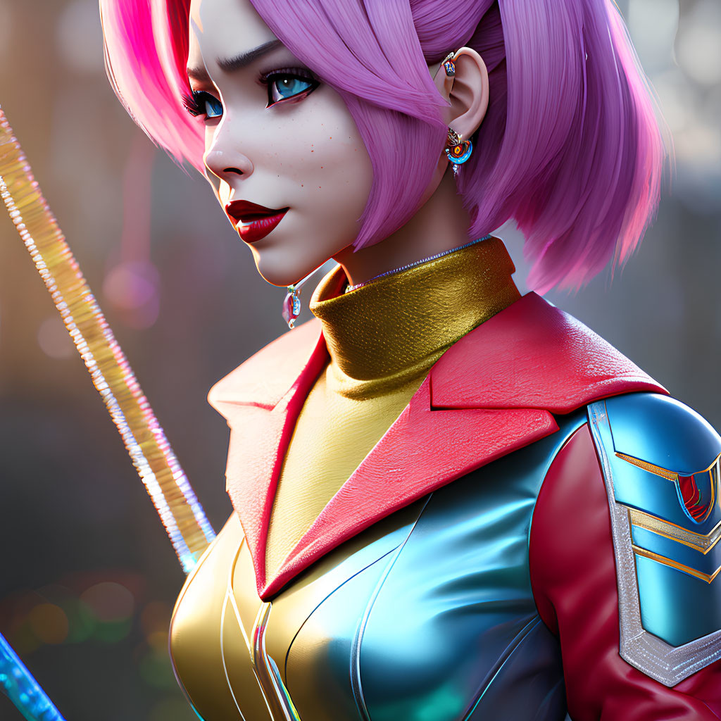 Pink-haired woman in futuristic attire gazing sideways on blurred backdrop