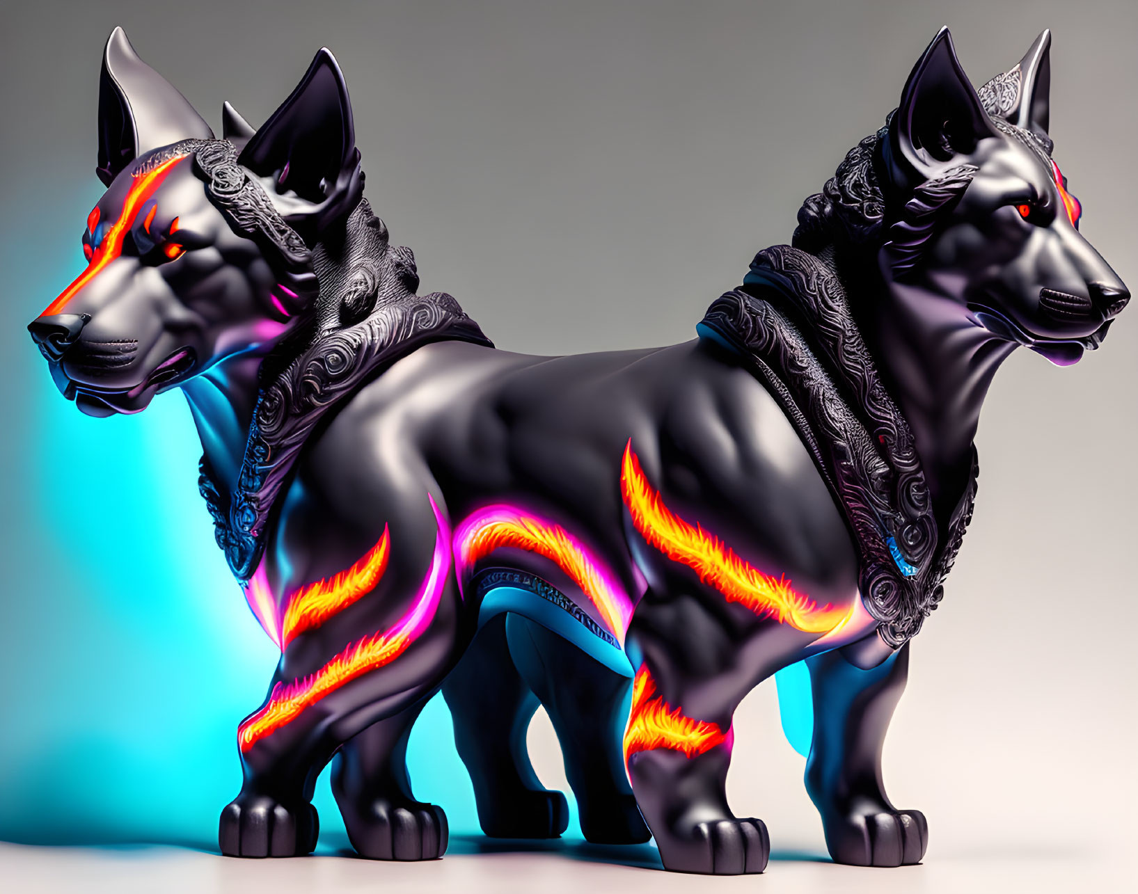 Vibrant neon black wolf sculptures on gradient background