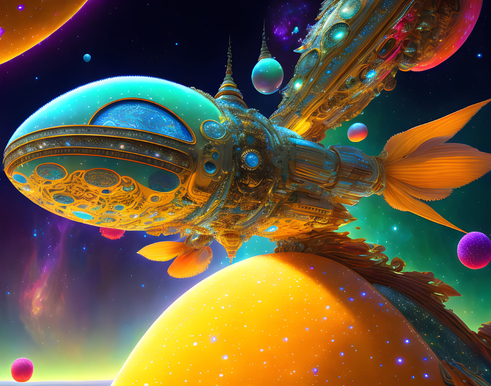 Colorful Fish-Shaped Spaceship in Cosmic Landscape