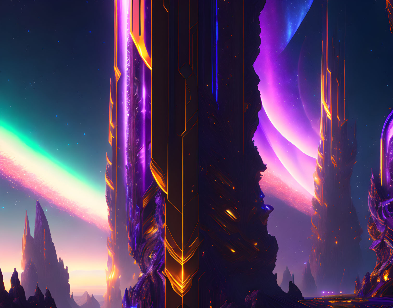 Futuristic sci-fi landscape with neon-lit alien structures