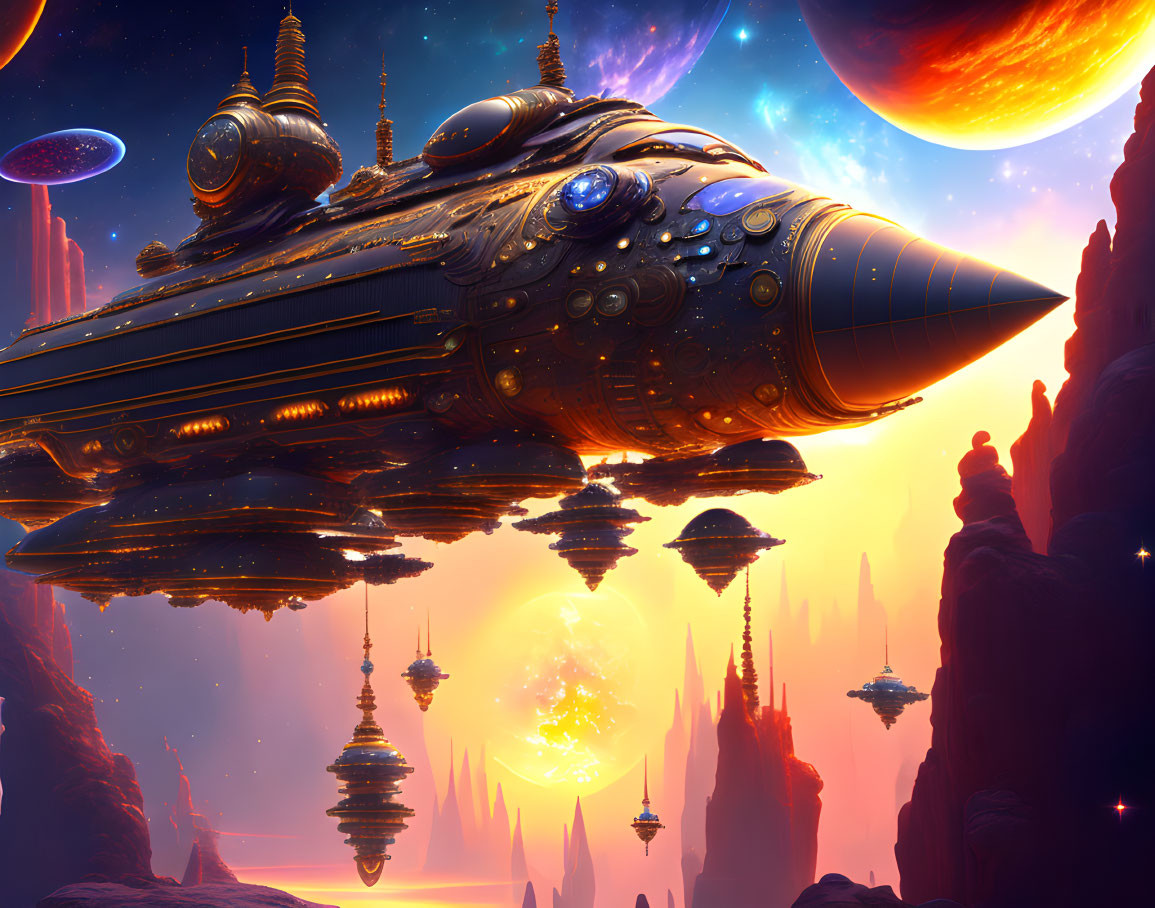 Futuristic spaceship over rocky alien landscape with spires, sun, and planets